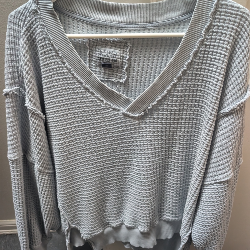 AE Light Blue Waffle Knit V-Neck Sweater